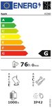 Energie-etiket voor een Apple apparaat, met energielabel G, 76 uur batterijduur, 1000x laadcycli en IP42.
