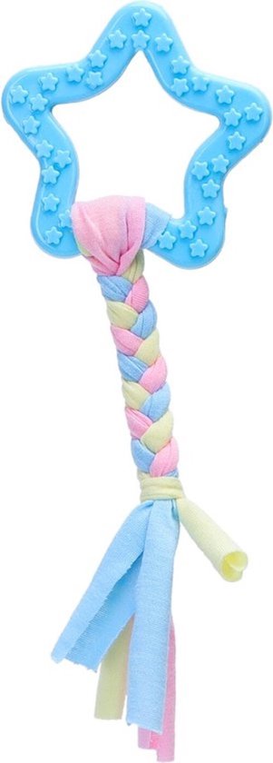 Blauw stervormig hondenspeeltje met sterren en gekleurde stoffen vlecht.