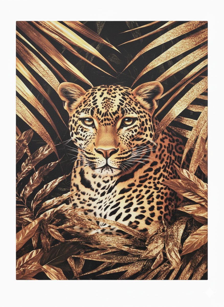 Eviva Home Deco Premium Canvas Jaguar Portret - Close-up Goud & Zwart - Elegante Opgespannen Muurkunst