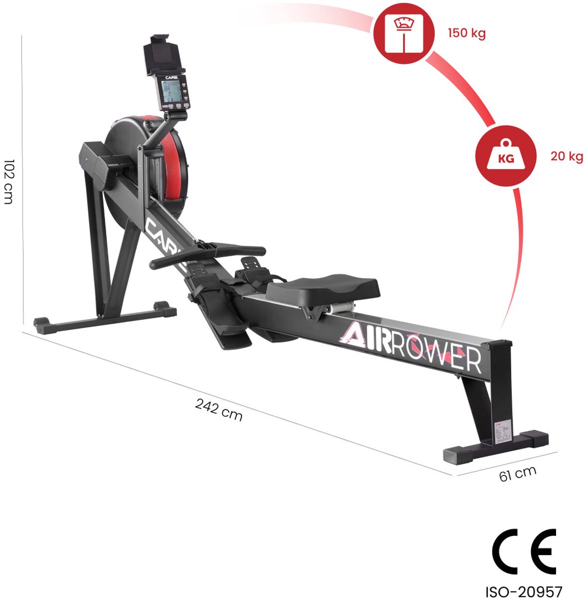 CARE Roeitrainer AIR ROWER met 17 Programma's en - afbeelding 2