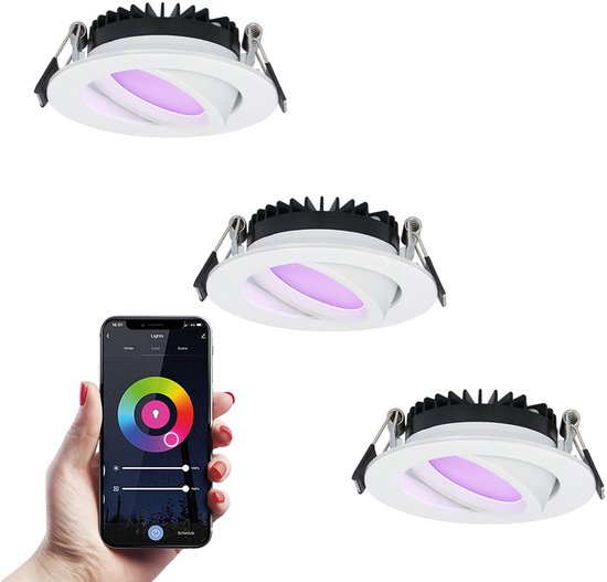 3x spots encastrés Smart LED Rome blanc 6 Watt RGBWW IP44 inclinable WiFi + Bluetooth