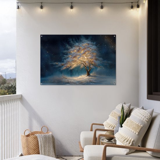 Tuinposter 120x80 cm - Tuindecoratie Levensboom - Nacht - Donker - Blauw - Poster voor in de tuin - Buiten decoratie - Schutting tuinschilderij - Tuindoek muurdecoratie - Wanddecoratie balkondoek