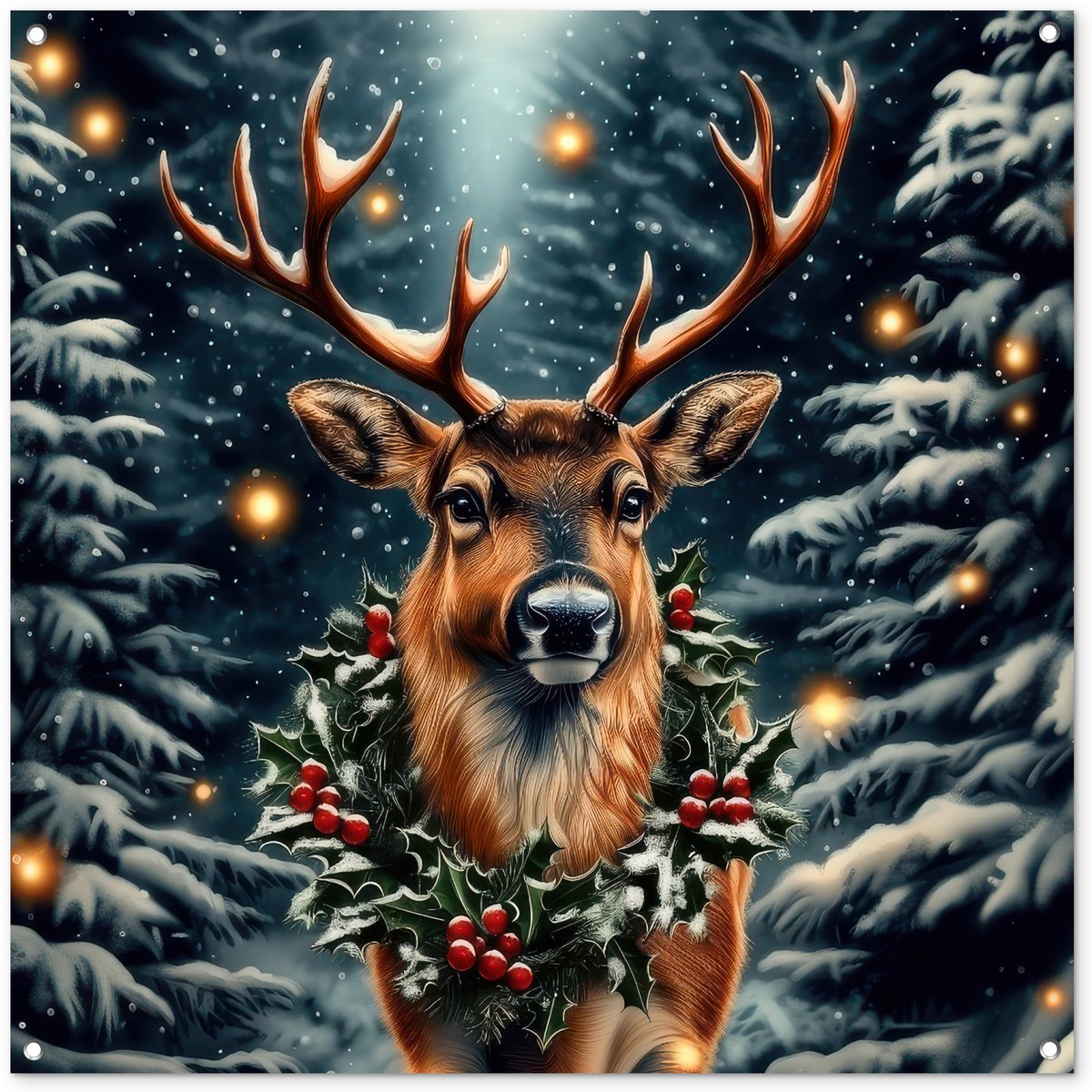 Tuinposter 100x100 cm - Tuindecoratie Kerst - Magie - Bos - Kleurrijk - Poster voor in de tuin - Buiten decoratie - Schutting tuinschilderij - Tuindoek muurdecoratie - Wanddecoratie balkondoek