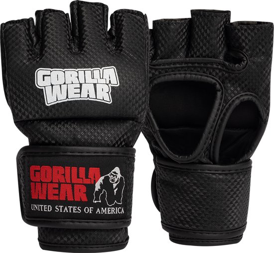 Paar zwarte MMA-handschoenen met GORILLA WEAR-logo en afbeelding van gorilla, zonder vingers.