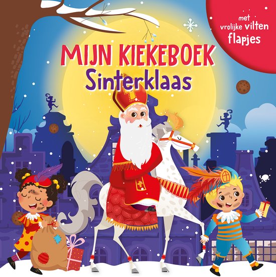 Sinterklaas op zijn paard met Pietjes, omringd door huizen en een grote maan. Titel: MIJN KIEKEBOEK Sinterklaas.