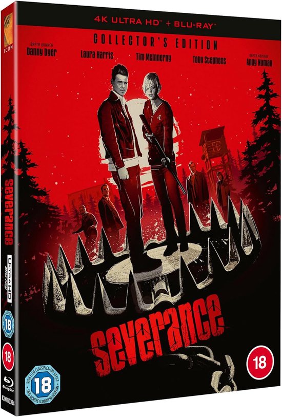 Severance Collector's Edition 4K Ultra HD + Blu-ray. Twee hoofdpersonen staan op een reusachtige berenklauw. Rode achtergrond met bos.