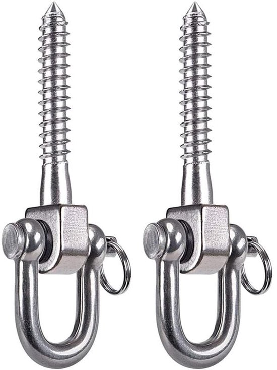 Twee zilverkleurige metalen schroefogen met D-sluitingen, voor ophanging.