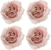 Decoris Kerst decoratie roos - 6x stuks - op clip - poeder roze - D14 cm - kunststof - kerstbloem - bloemen - kerstboomversiering - kerstornamenten