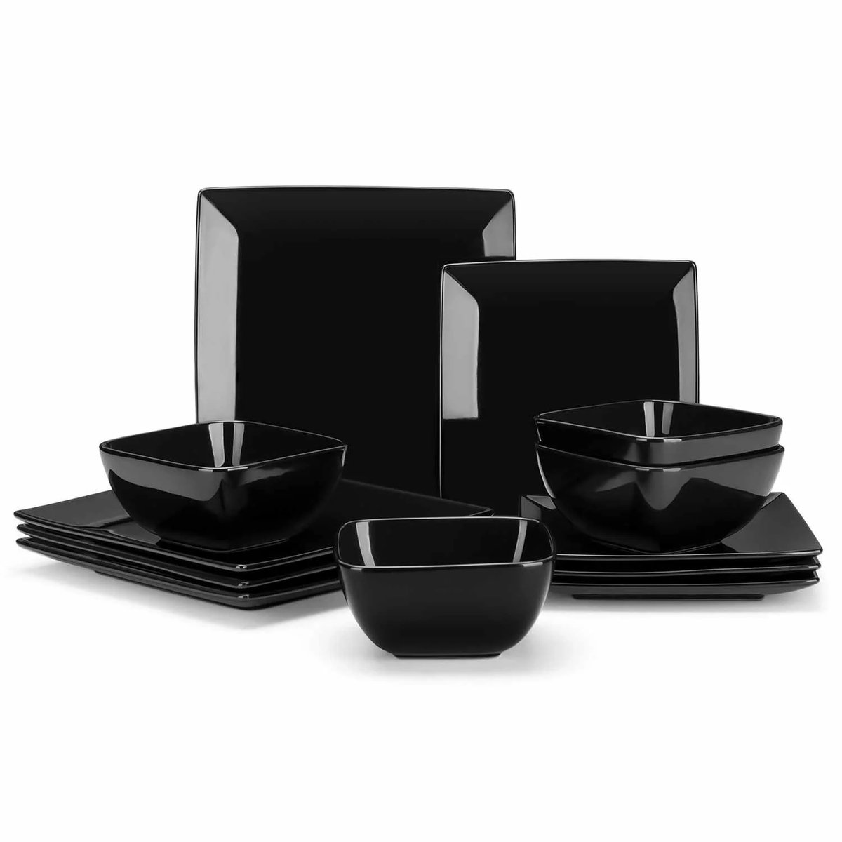 Serviesset - 4 Persoons Servies - Keramiek - Dinerborden - Dessertborden - Ontbijtkommen - 12-delige Set - Zwart