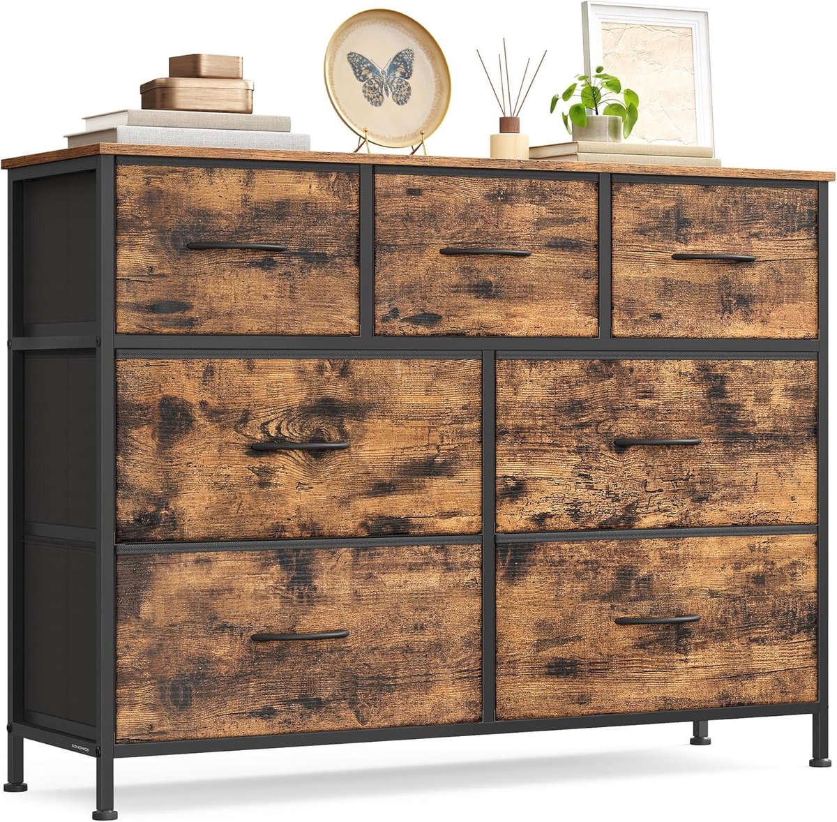 SONGMICS - Ladekast - 7 stoffen lades - 30 x 98,8 x 73,7 cm - opbergkast - staal en MDF - bruin en inktzwart