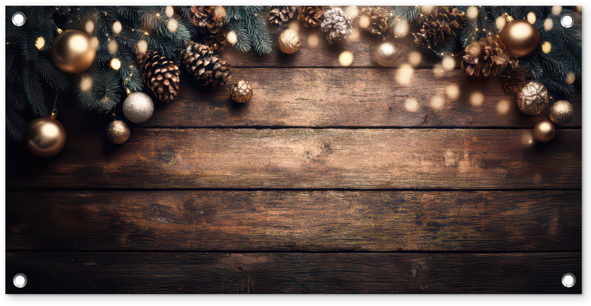 Tuinposter 80x40 cm met houten dennenappel in bruin voor kerstdecoratie in de tuin.