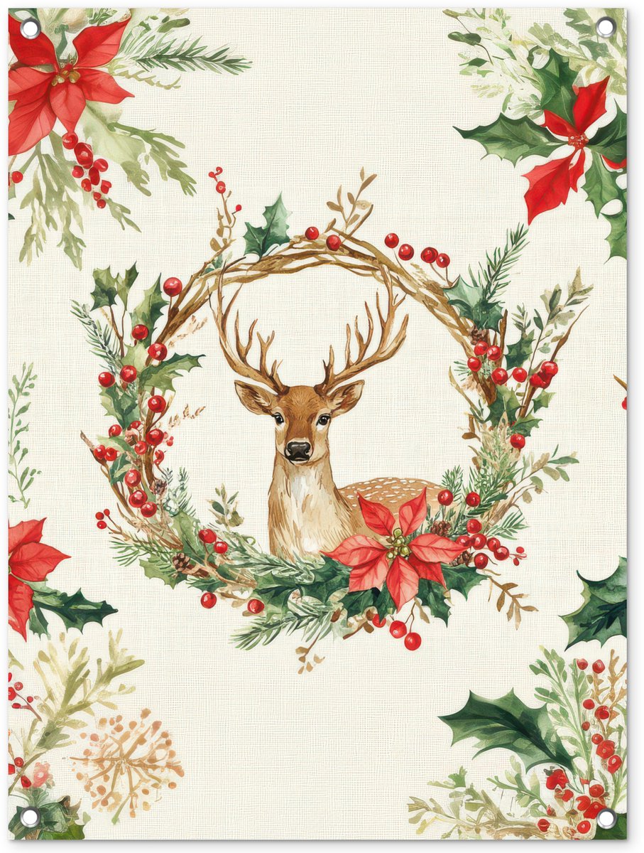 Tuinposter 60x80 cm - Tuindecoratie Kerstkrans - Hert - Hulst - Rood - Poster voor in de tuin - Buiten decoratie - Schutting tuinschilderij - Tuindoek muurdecoratie - Wanddecoratie balkondoek