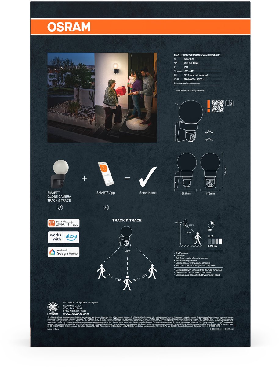 OSRAM SMART+ buitenwandlamp met camera, E27-voet, track & trace-functie, robuuste glazen diffuser, geïntegreerde luidspreker, geheugenkaart, slimme wifi-technologie, lange levensduur, IP44