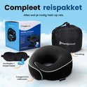 Zwart nekkussen met opbergzak, oogmasker en oordopjes. Doos met "Nekkkussen - Neck Pillow" tekst.