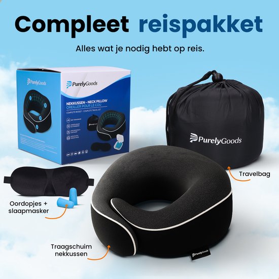 Zwart nekkussen met opbergzak, oogmasker en oordopjes. Doos met "Nekkkussen - Neck Pillow" tekst.