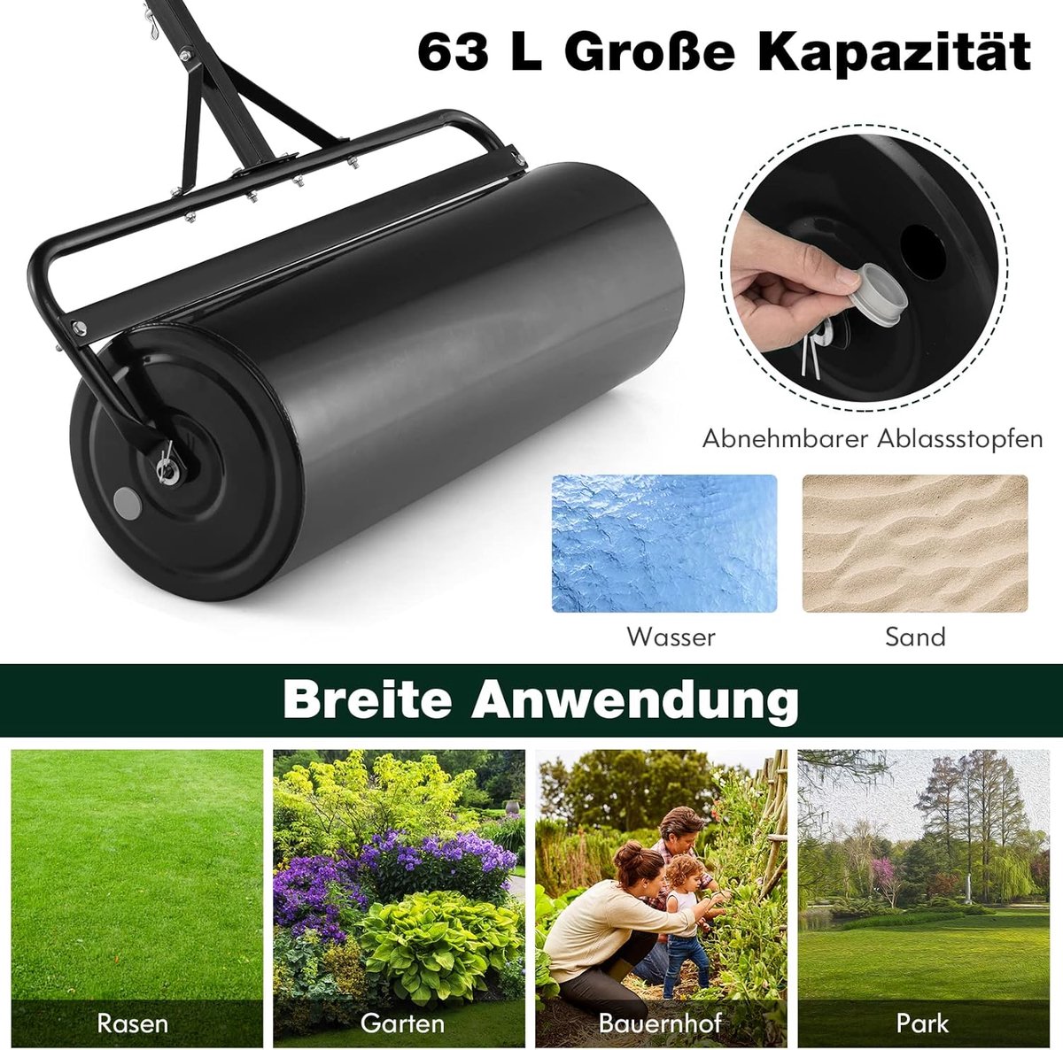 COSTWAY Gazonwals, Handwals, 63 Liter, Tuinwals Met Handvat, 30 Cm Vulbaar Water Zand Zware Trommel Grasroller Gazonroller Voor Vlakken Gazon Tuin Groen 1012758073