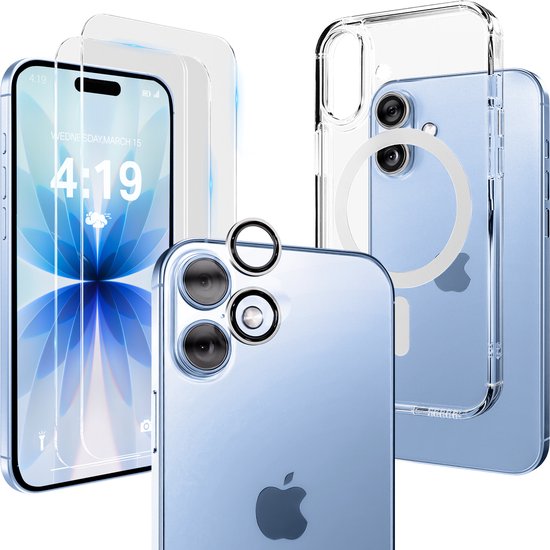 iPhone 14 Pro bleu avec une coque transparente, des protecteurs d'objectif et un protecteur d'écran.