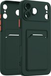 Twee donkergroene telefoonhoesjes met kaarthouder en oranje knopjes.