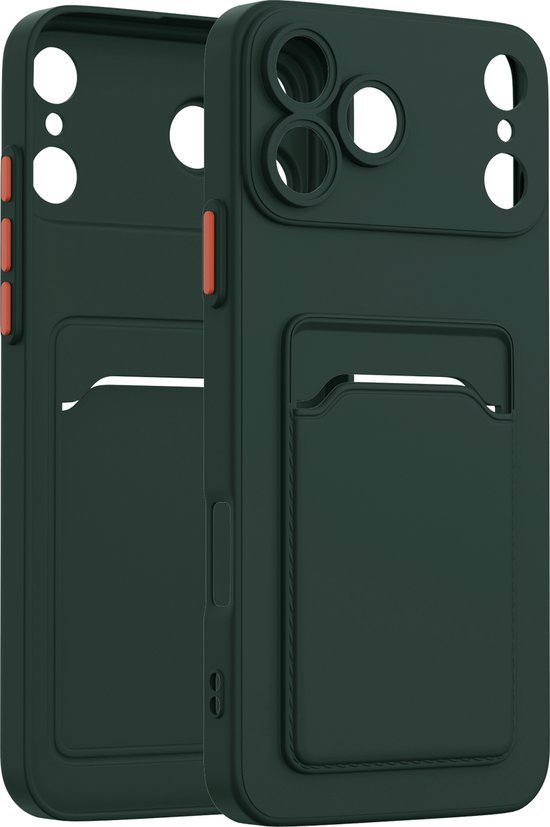 Twee donkergroene telefoonhoesjes met kaarthouder en oranje knopjes.