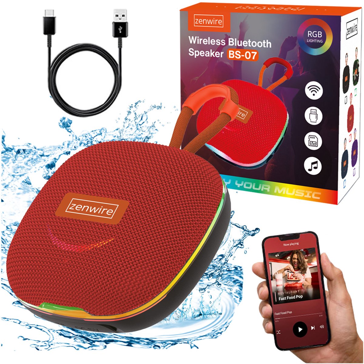 Zenwire Vibe BS–07 - Mini draagbare luidspreker - Bluetooth 5.3 - 13 W - FM-radio - USB/TF-speler - Microfoon - Compacte behuizing - 1000 mAh - TWS - USB-C - Micro SD-kaartlezer - RGB-achtergrondverlichting
