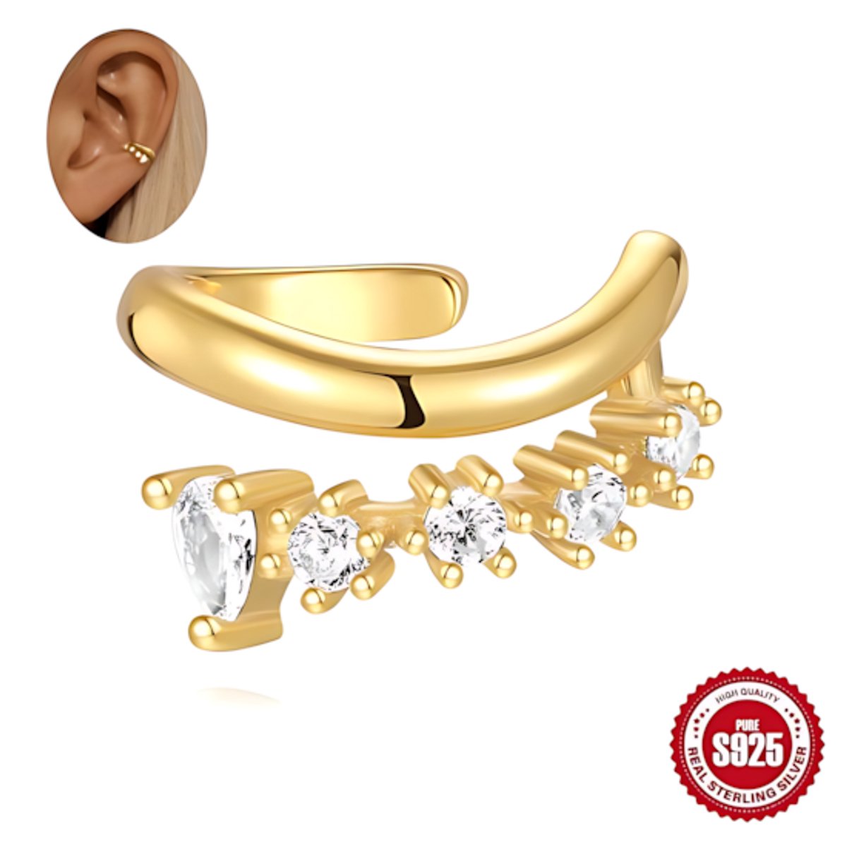 Helin life Oorbel -zilver 925 - ear cuff - earcuff - tragus klem - klipoorbellen-Oorbellen Dames Goudkleurig met Zirkonia Diamantjes -Geschenkdoos -1stuks