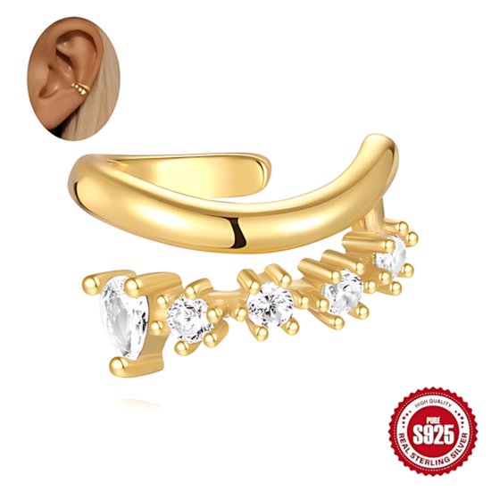 Helin life Boucle d'oreille - Argent 925 - Manchette d'oreille - Manchette d'oreille - Pince Tragus - Boucles d'oreilles Clip - Boucles d'oreilles Dames Doré avec Diamants Zircone - Coffret Cadeau - 1 pièce
