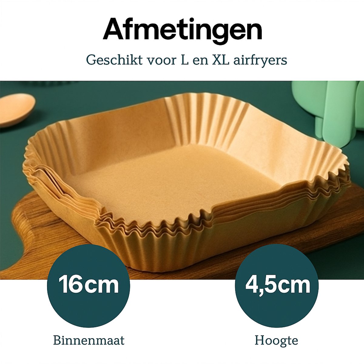DIVERZA Airfryer bakpapier 50 stuks – 16 cm – Heteluchtfriteuse Wegwerpbakjes – Geschikt voor Airfryer – Wegwerppapier – Vierkant – Airfryer accessoires — afbeelding 2