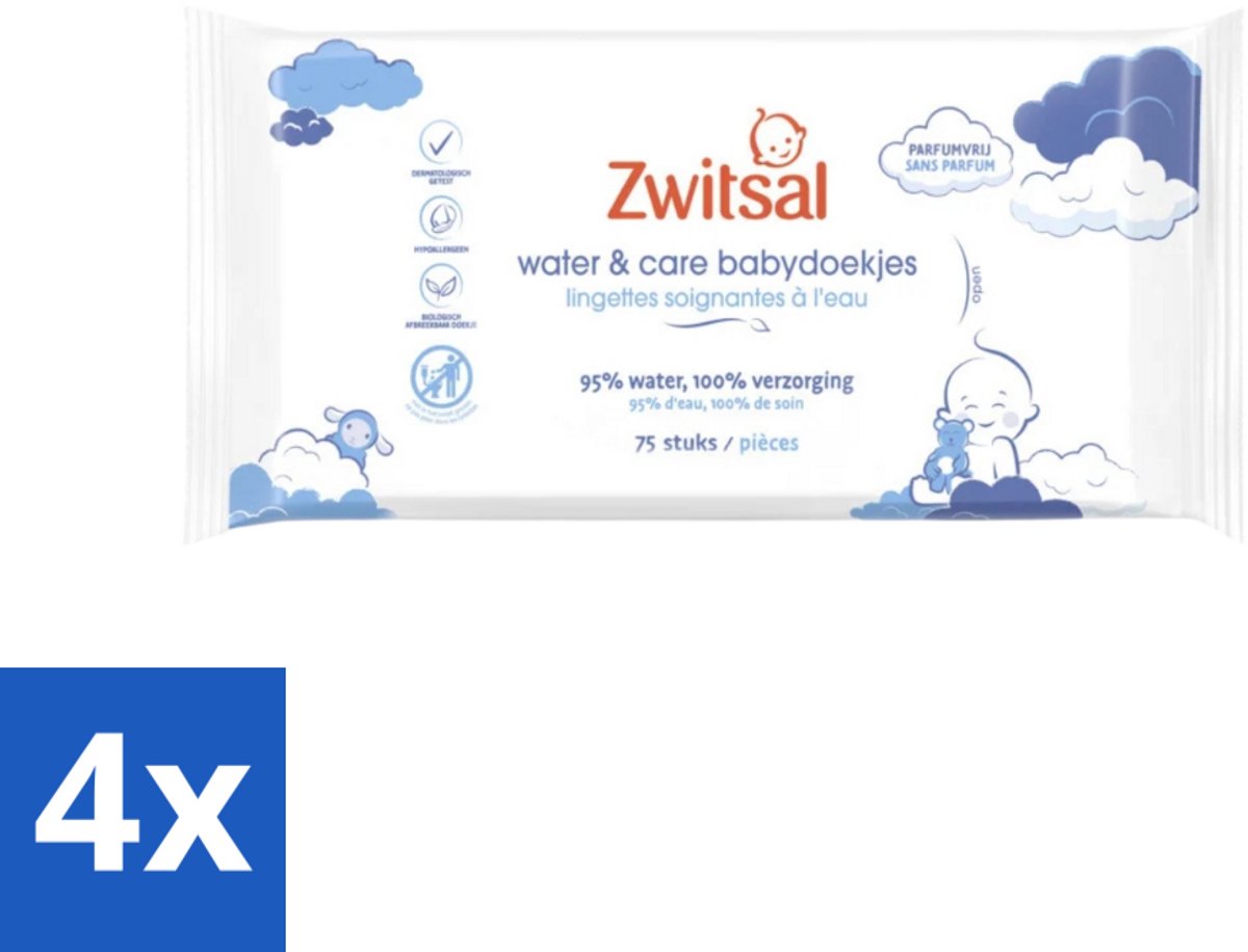 Image of 4 x Zwitsal 0% Parfum - Babyverzorging - Babydoekjes Water & Care - 75 Doekjes - Babydoekjes - Zwitsal - Waterdoekjes - Babyhuid - Luieruitslag