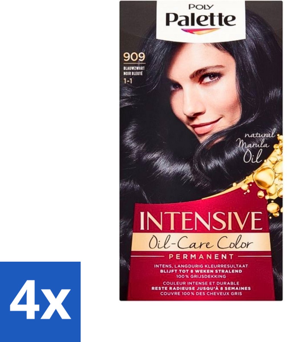 4 x Poly Palette - Haarverf - Blauw Zwart 909 - 115ml - Haarverf - Blauwe Haarkleur - Zwart Haar - Permanente Haarkleur - Grijsdekking