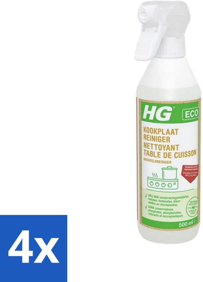 4 x HG ECO - Kookplaatreiniger - Verwijdert Gemakkelijk & Snel - Duurzaam & Ecologisch - 500 ml - Kookplaat Reiniger - Schoonmaakmiddel Kookplaat - Ecologische Schoonmaak - Milieuvriendelijk - Vrij Van Conserveringsmiddelen