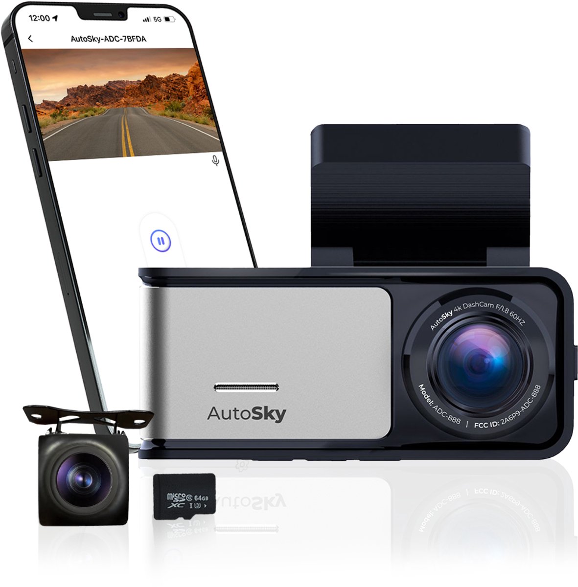 Autosky 4K Dashcam voor Auto & Vrachtwagen – Met Achtercamera – GPS, WiFi, Nachtzicht & 64GB – Groothoek & G-Sensor – App Connectie