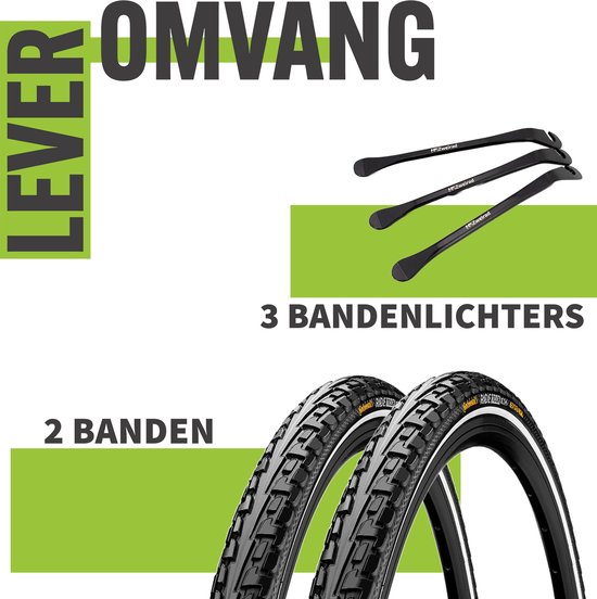 Drie zwarte bandenlichters met logo 'MSZweirad' en twee fietsbanden met witte reflecterende streep.