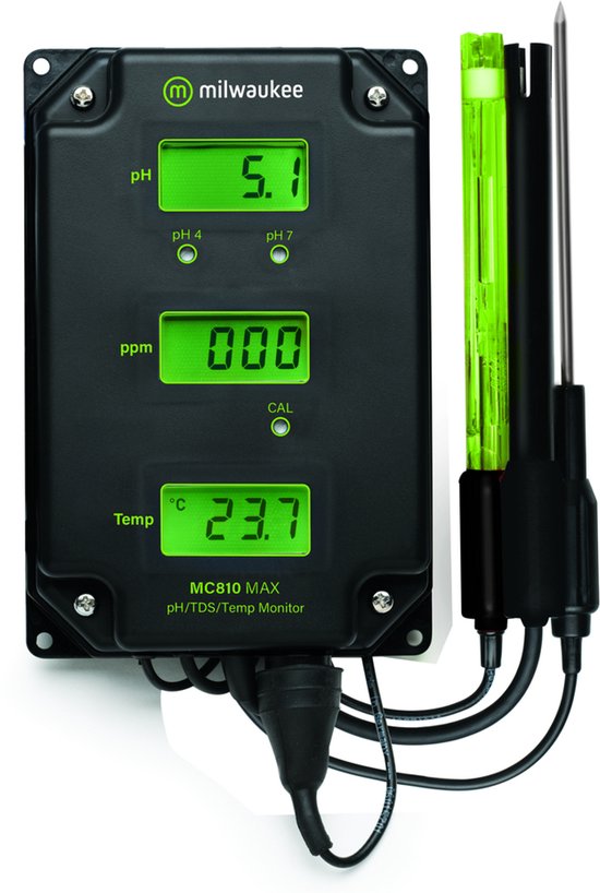 Zwarte Milwaukee MC810 MAX meter met groene displays voor pH, ppm en temperatuur met een sonde.