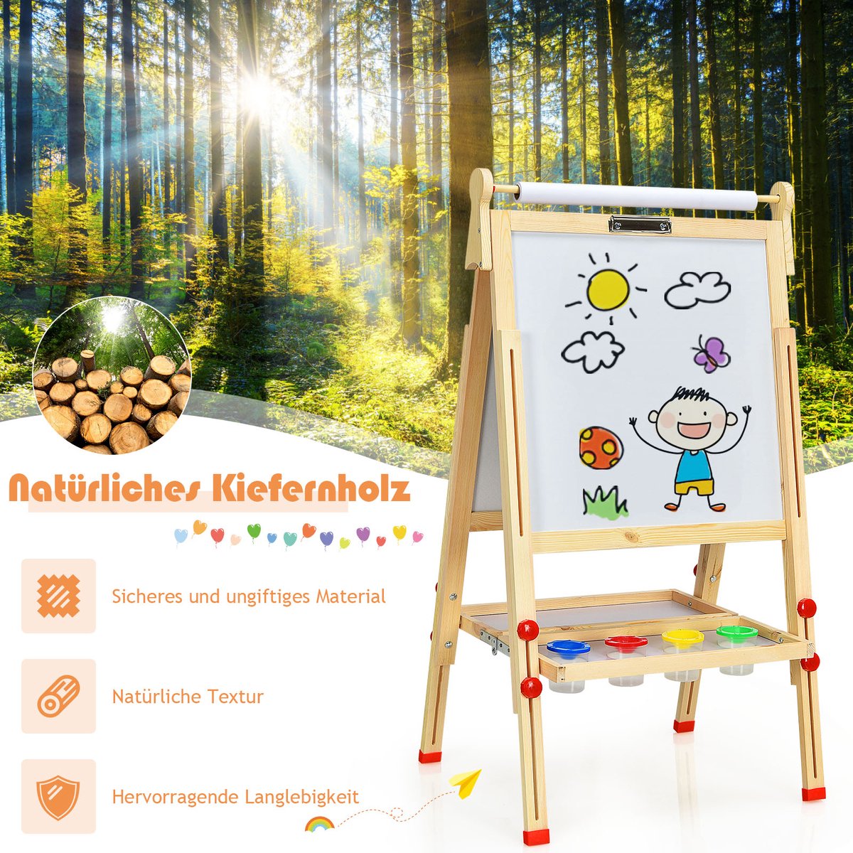 AIYAPLAY Dubbelzijdige Kinder Tekenezel, 3-in-1 Met Papierrol Krijtbord Whiteboard 3 In 1 Ontwerp Voor Tekenen En Schilderen~1qsv1o691ng01