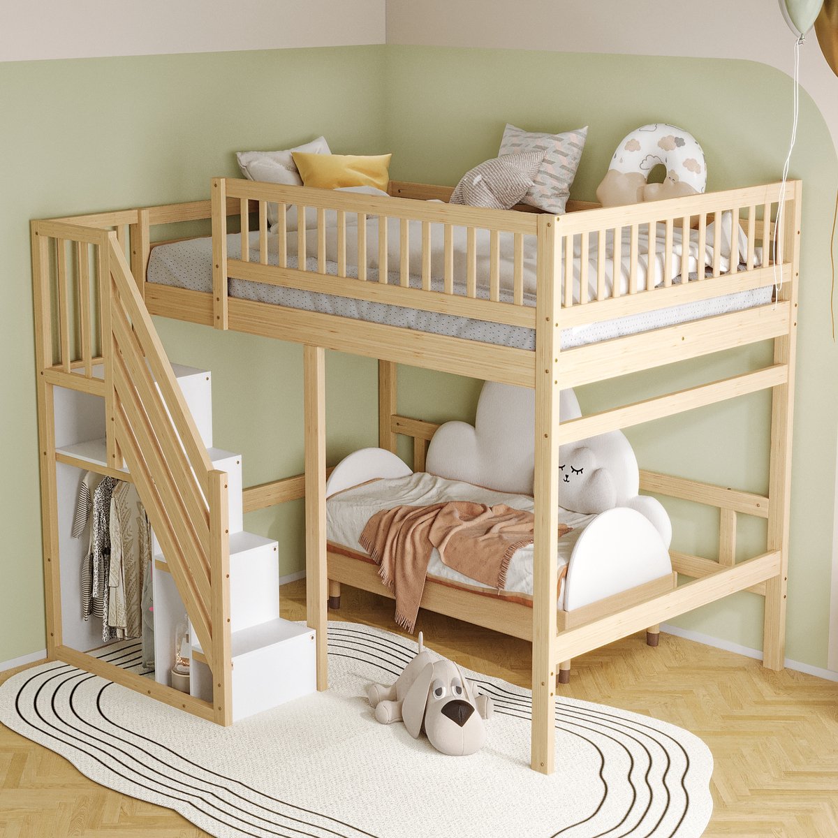 Sweiko Hoogslaper - 140 x 200 cm - Met opbergruimte - Houten kinderbed - Natuurlijke + Wit (Zonder bank)