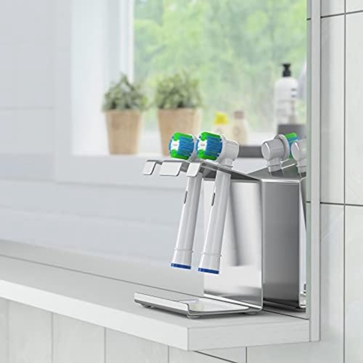 PromoHome Roestvrijstalen Tandenborstelhouder met Opvangbak voor 2 Personen - Universeel Geschikt voor Oral-B, Philips Sonicare en Andere Elektrische Tandenborstels - Wandmontage of Vrijstaand - Badkamer Accessoire — afbeelding 6