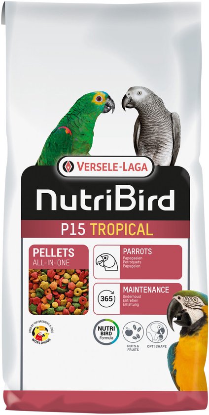 NutriBird P15 TROPICAL voerzak met groene, blauwe en grijze papegaaien.