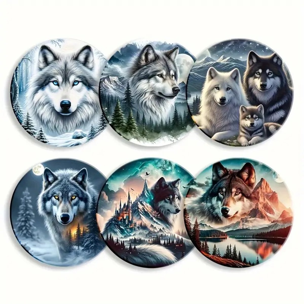 Onderzetters Wolven – Set van 6 – Ø10 cm – Hout (Triplex) – Rond – Decoratief