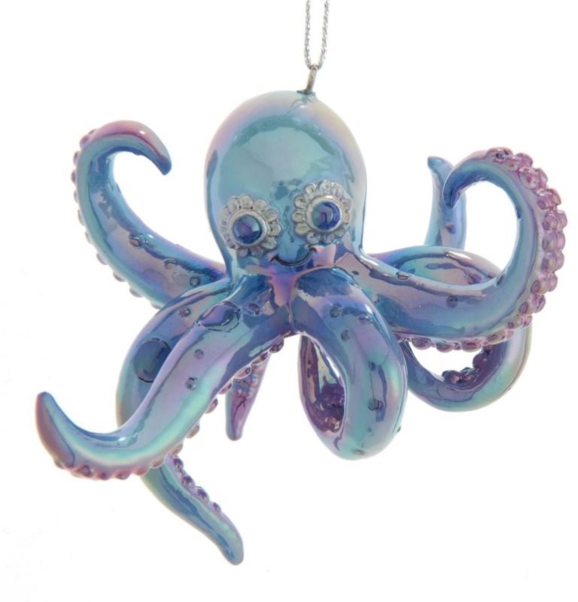 Kleurrijk kunsthars kerstornament van 9 cm in paars-blauwe glans met speelse octopusvorm.
