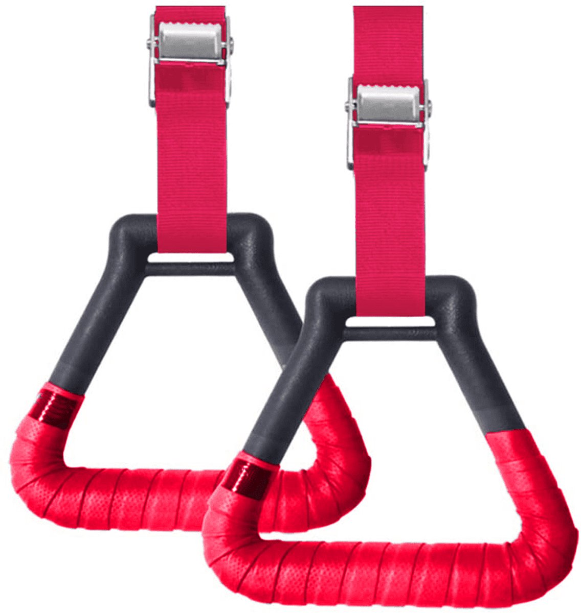 Een paar gymnastiekringen met verstelbare gespen, professionele fitnessringen met antislip zweetabsorberende banden, perfect voor training, rood
