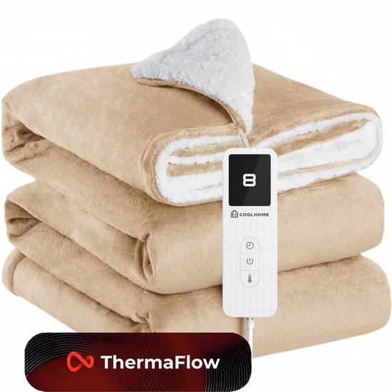 CoolHome HB25 Elektrische Warmtedeken - Elektrisch deken - Flanel & Melkfleece - Afstandsbediening - Wasbaar - 130 x 180 cm - Beige