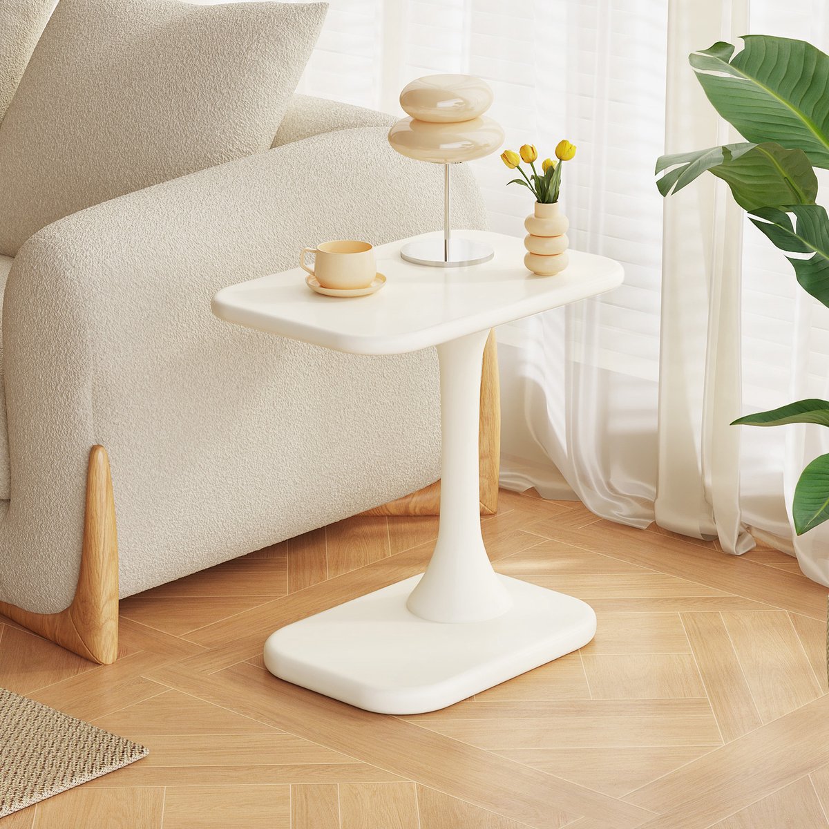 Guyii Bijzettafels Woonkamermeubilair 46*32*53cm,Zijtafel Moderne Een kleine theetafel,crème witte C-vormige banktafel, ruimtebesparende eindtafel voor woonkamer, slaapkamer, bank, kantoor,eenvoudige montage,side table