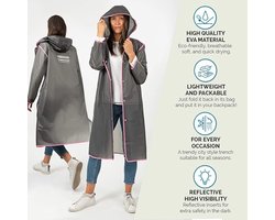 Lange Regenjas Man Vrouw met Capuchon en Reflecterende Details - Waterbestendige Regenponcho met Lange Mouwen en Knopen - Draagbare Poncho Jas Regen Modder - Perletti ,Grijs met Roze Rand