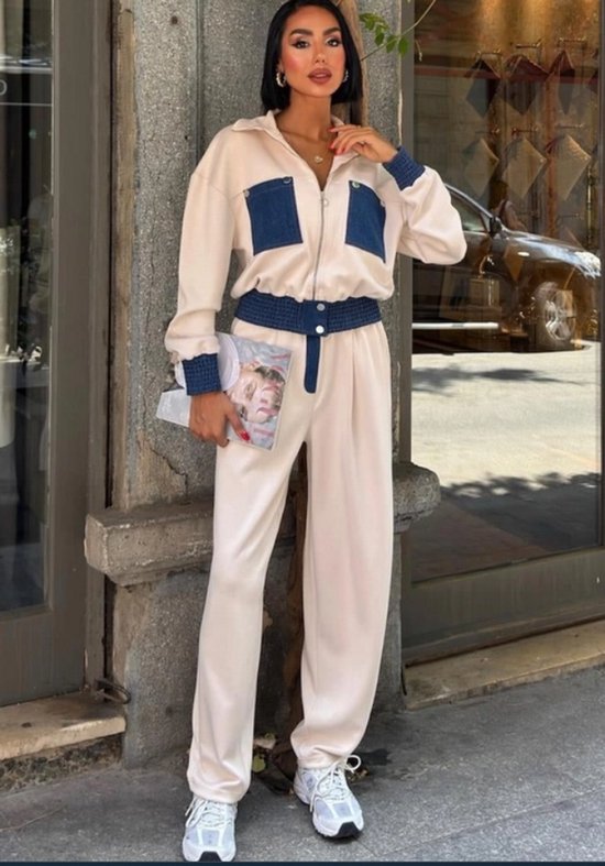 Survêtement pour femme - Loungewear - Costume de jogging - Sport avec fermeture éclair - Jambes larges à rayures Crème Taille M