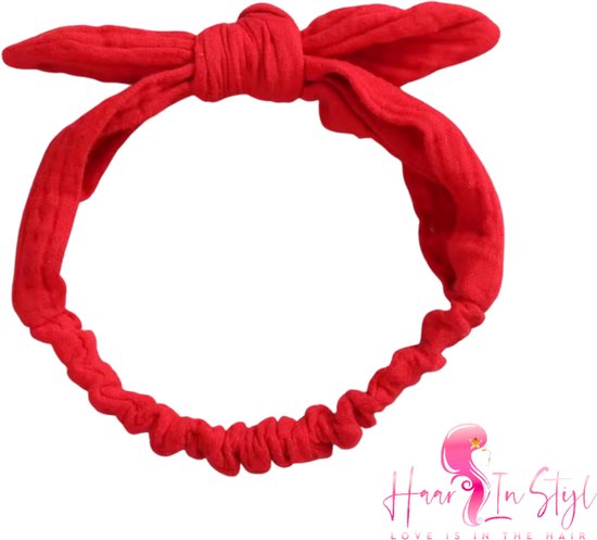 Haarband Hafsa Rood - Smalle en zachte baby haarband van hydrofiele stof met een strikje | haaraccessoires voor meisjes kinderen babies
