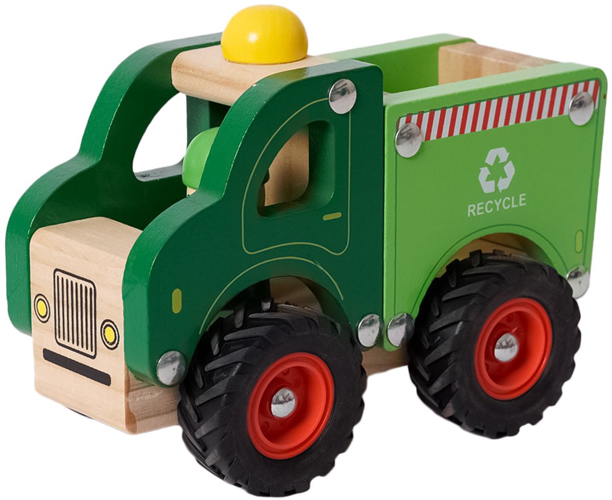 Speelgoedtopdeals - Houten Vuilniswagen - Speelgoedauto voor kinderen - Rubberen wielen