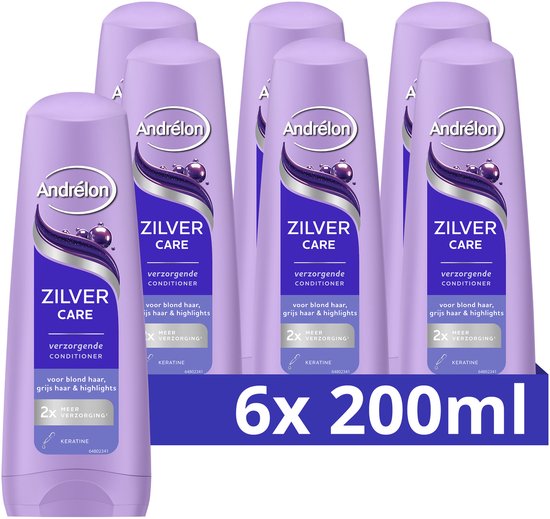 Zes flessen Andrélon Zilver Care conditioner in een paarse verpakking met paarse en zilveren labels.
