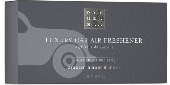 Grijze verpakking van 'Luxury Car Air Freshener' met de tekst 'arabian amber & musk'.