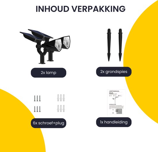 Inhoud verpakking: 2x lamp, 2x grondspies, 6x schroef+plug, 1x handleiding.