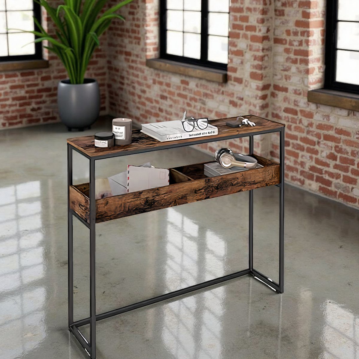 Smal Industriële Konsolentafel - Haltafel met 2 Open Vakken - Vintage Bruin Hout & Zwart Staal - 100x24x80 cm - Modern Flur & Woonkamer Tafeltje - HomeByNicole